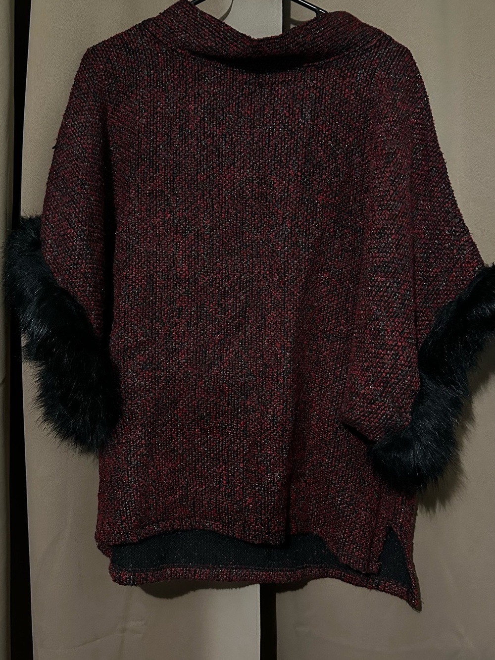 Source Unknown Burgundy Knit Poncho with Black Faux Fur Cuffs